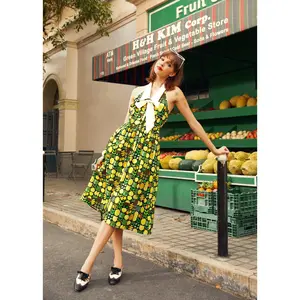ModCloth Main Squeeze Mod Midi Halter Dress Lemon Fruit Print (XS-4X) Casual Sleeveless Summer