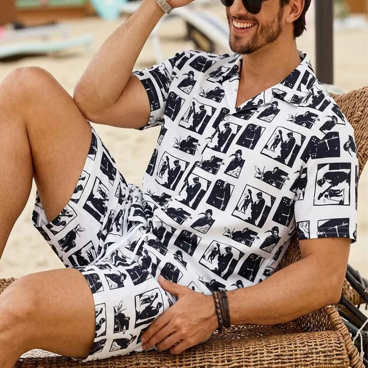 Men's 2-Piece Clothes Set, Vintage Graphic Print Short-Sleeve Cuban Collar Button Shirt and Matching Shorts, Retro Holiday Fashion, Shortsleeve, Aesthetic, Basics, Elastane, Two-Pieces