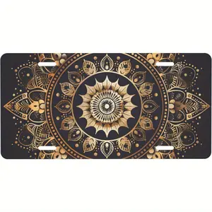 Abstract Golden Ethnic Mandala License Plate - 6x12 Inch Metal Car Plate with Black Background & Golden Accents, Standard 4 Holes for US Vehicles, Durable Artistic Exterior Accessory, Vehicle Decoration, Sturdy Construction, Stylish Drivers, Auto Accessor