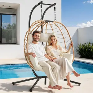 【SPOTLIGHT DAY】ONBRILL Double Egg Chair with Stand, Indoor Outdoor 2 Person Hammock Swing Chair with Cushions & Headrest, 650 LBS Capacity Hanging Loveseat for Patio, Bedroom, Garden, Balcony