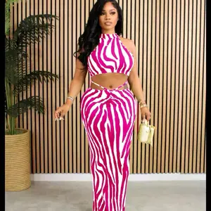 Zebra Striped Print Maxi Dress Sets Womens 2 Piece Vacation Outfits Summer Beach Crop Top and Long Skirt Matching Sets Clubwear
