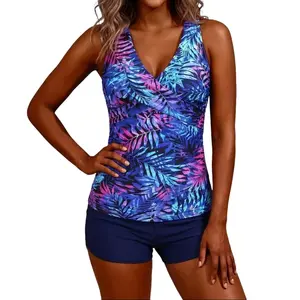 Flattering Tankini Swimsuits for Women | Tropical V-Neck Tummy Control Bathing Suit with Boy Shorts | Modest 2 Piece Swimwear，tankini