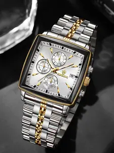 A men's multifunctional square business steel strip fashionable three eye six pin quartz watch square dial wristwatch Modern Fashionable Wristwatch