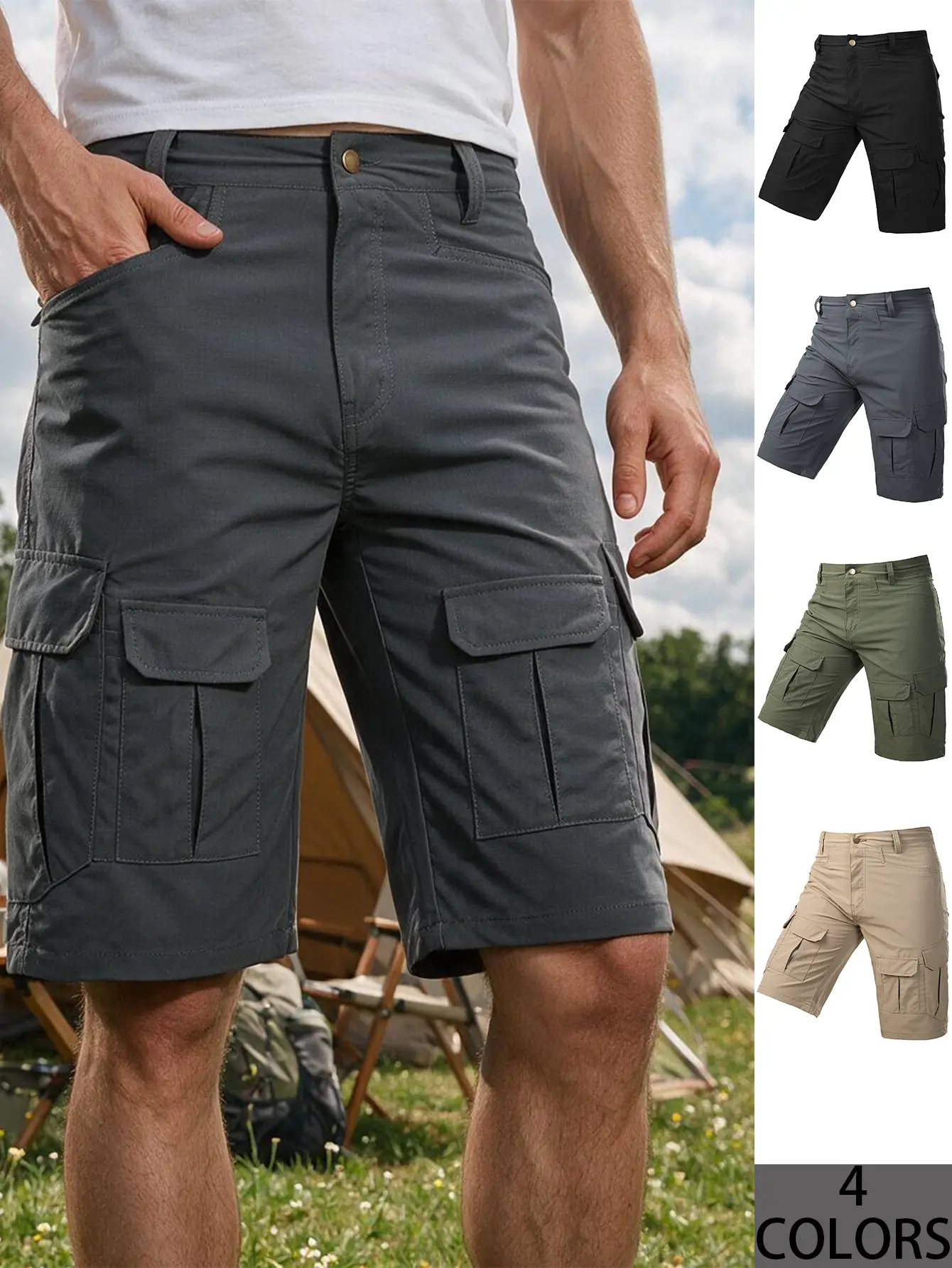Men Button Waist Multi-Pocket Knee-Length Cargo Shorts, Wear Resistant Straight Outdoor Shorts, Camping Fishing Hiking Construction Daily Casual Work Shorts, 4 Classic Neutral Solid Colors