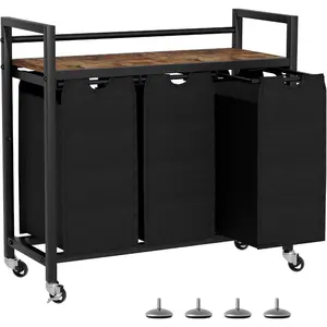 Laundry Hamper, Laundry Basket, Laundry Sorter with 3 Removable Bags, Clothes Basket with 3 Compartments, Wheels, Shelf for Laundry Room Bedroom (3 Bags-Black)