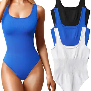 BetterTee 3 Pieces Square neck Tank bodysuit, Casual Solid color Sheeveless One Piece Bodysuit Comfort Comfortable
