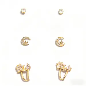 14K Gold Plated Moon Star Earring Set for Women - 3 Pairs Dainty Cubic Zirconia Stud Earrings, 925 Sterling Silver Post Hypoallergenic, Waterproof Tarnish-Resistant Delicate Fashion Jewelry Gifts