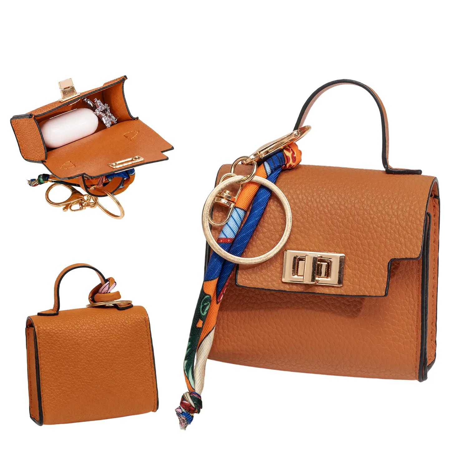 Women's PU Leather Mini Square Earbud Case Keychain - Compact & Versatile Storage, Luxury Clip-On Bag Charm with Silk Scarf Strap, 12 Versatile Shades, Portable Pouch for AirPods/Lipstick/Earrings for Commute,back to school,back to school haul