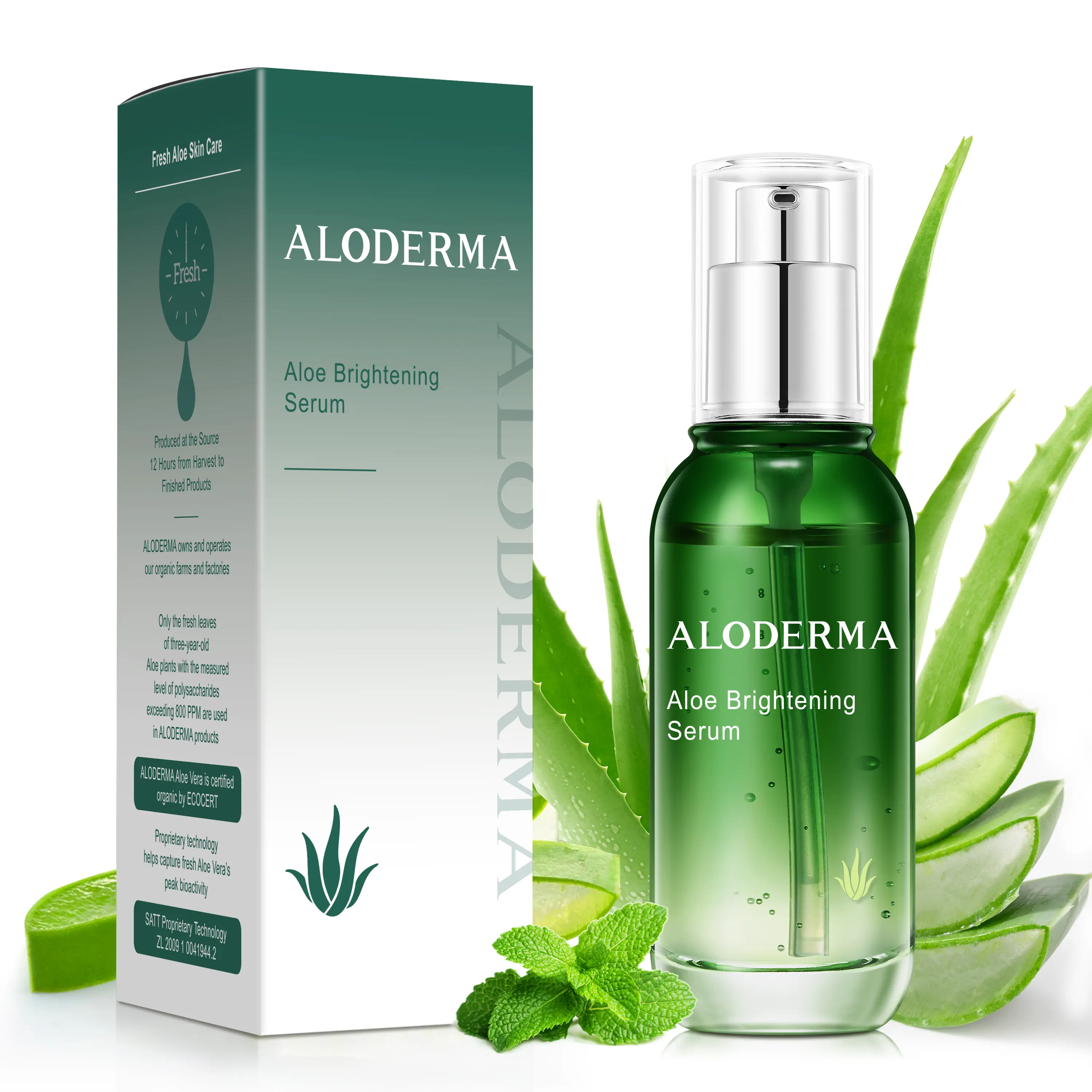 Aloderma Organic Aloe Vera Brightening Facial Serum - Niacinamide, Vitamin C, Lavender, Peppermint, Hyaluronic Acid, Citric Acid - Lightweight Vegan Formula for Adults' Dull Tired Skin, Hyperpigmentation & Dark Spots Treatment, 1.7oz, Calming Hydrating