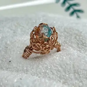 Handmade Glass Marble Copper Wire Wrap Rings Original Flower Design Unique Crafted Jewelry Piece