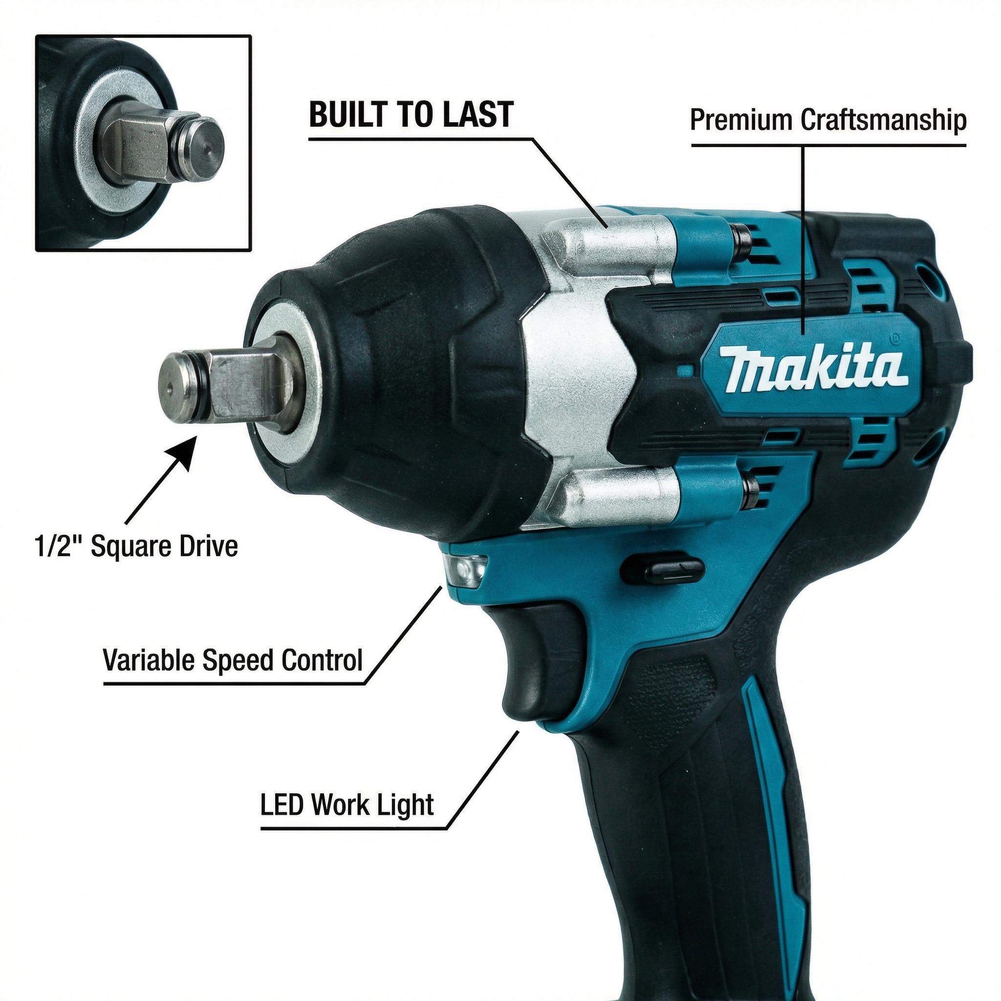 Makita DTW700RTJ700 1/2" Square Drive Impact Wrench – 4-Speed up to 2,200 RPM & 2,700 IPM for Heavy Truck & Equipment Repair