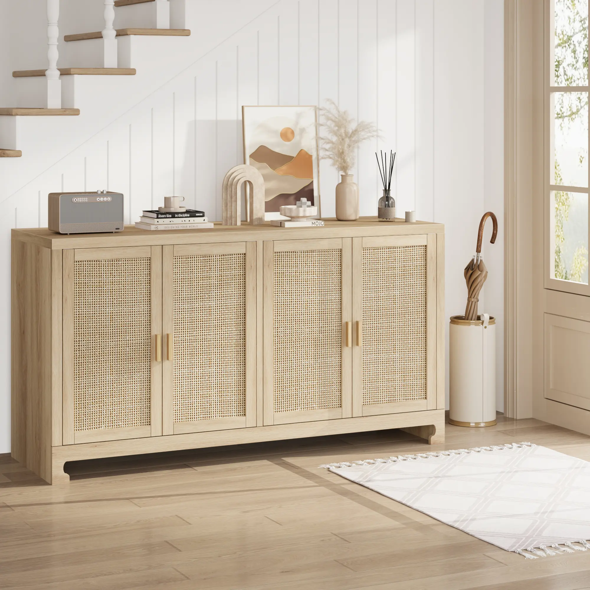 60"-Width Coastal Boho Rattan Weave Buffet Cabinet, Farmhouse Wood Console Table with Natural Cane Doors, 150 lbs Weight Capacity Storage for Dining Room, Entryway Table