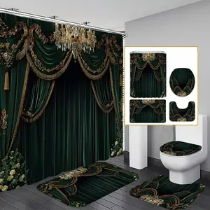 1/3/4PCS Royal Velvet Curtain Shower Curtain set, Luxurious Green Gold Decor, Accessories with Bath Mat, U-shaped Mat, Toilet Lid Cover, 12 Hooks 180x180cm Curtain, Palace Elegance, Home Decor, bathroom accessories, Bathroom Supplies