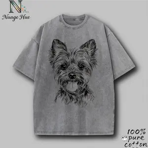 Yorkshire Terrier Black & White Line Art Graphic – Mineral Washed Oversized 100% Pure Cotton T-Shirt, Unisex Streetwear Shirt Gift for Yorkie Lovers