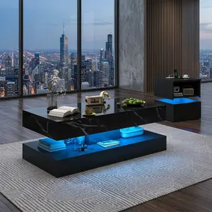 Modern High Gloss LED Coffee Table with Marbling Print, 47 Inch Double Layer Center Table with 2 Sliding Storage Drawers, App Remote Control USB Powered Ambient Light, Rectangular MDF Stylish Living Room Home Decor Furniture