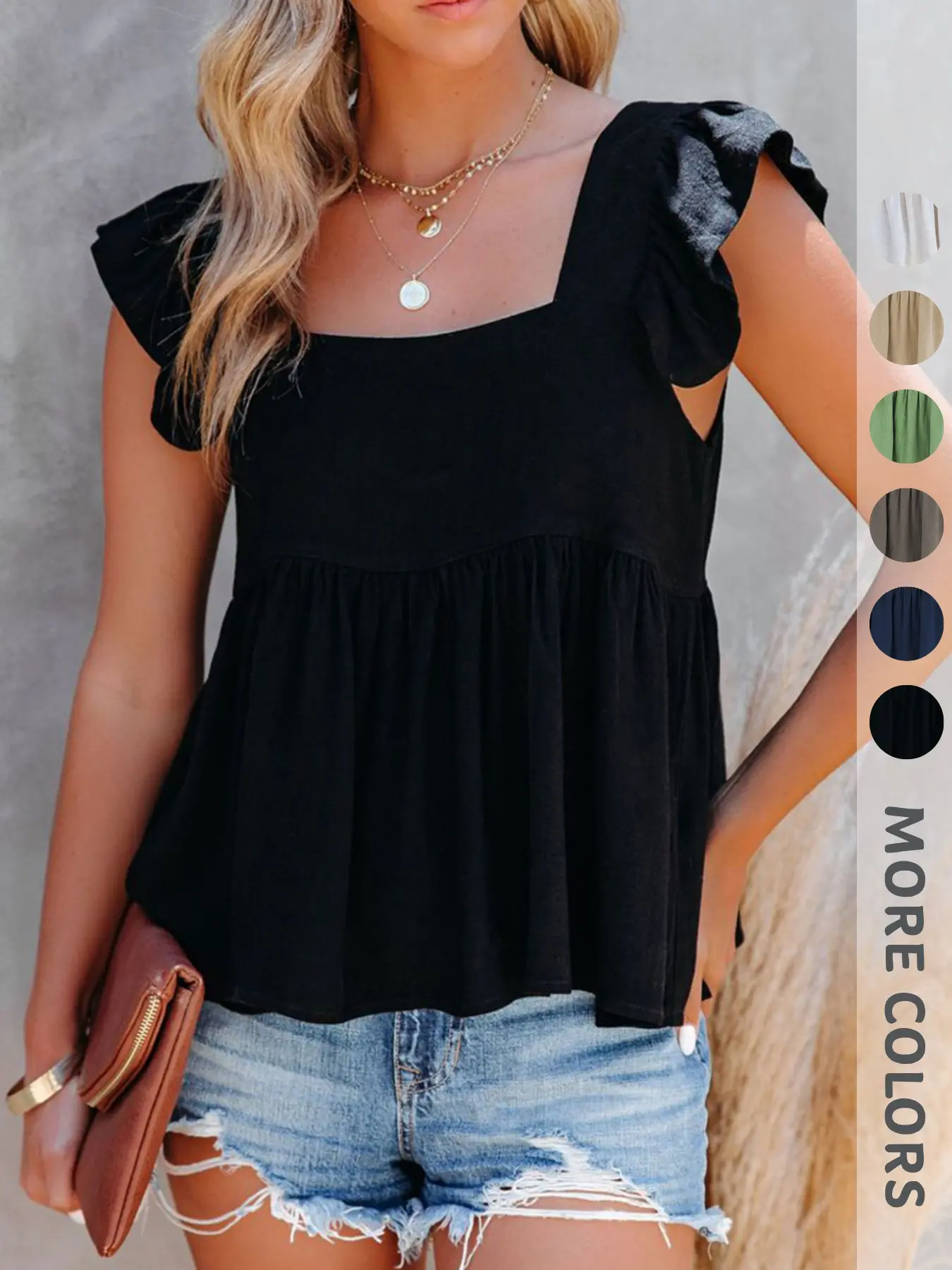Women's New Summer Sleeveless Ruffled-Shoulder Square-Neck Top, Elegant Chic Casual Breathable Lightweight Feminine Tank Top, Fitted Style Fashion Womenswear