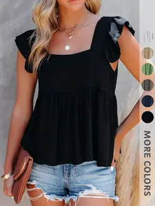 New Summer Women's Sleeveless Ruffled Shoulder Square Neck Tank Top, Elegant Sweet Fashion Versatile T-Shirt, Fitted Style