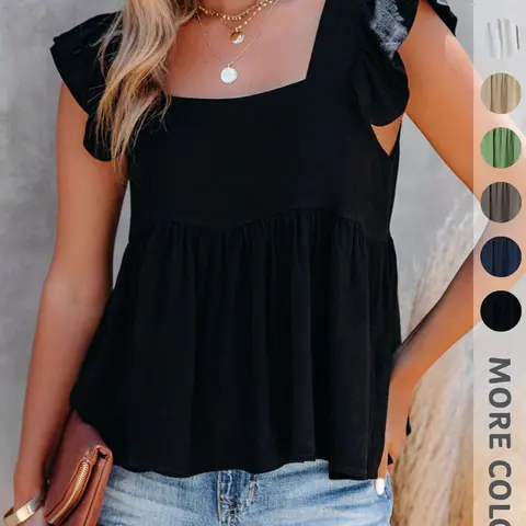 Women's New Summer Sleeveless Ruffled-Shoulder Square-Neck Top, Elegant Chic Casual Trendy Versatile Breathable Lightweight Feminine Tank Top, Fitted Style Fashion Womenswear