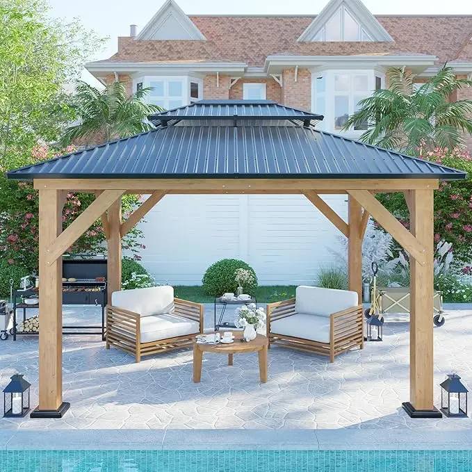 【Ships in 4 Boxes】AMERLIFE 10x12 FT Wood Gazebo Lounge, Hardtop Gazebo with Iron Roof Double Roof Design, Outdoor Gazebo with Wood Frame for Patio, Garage, Lawns, Parties