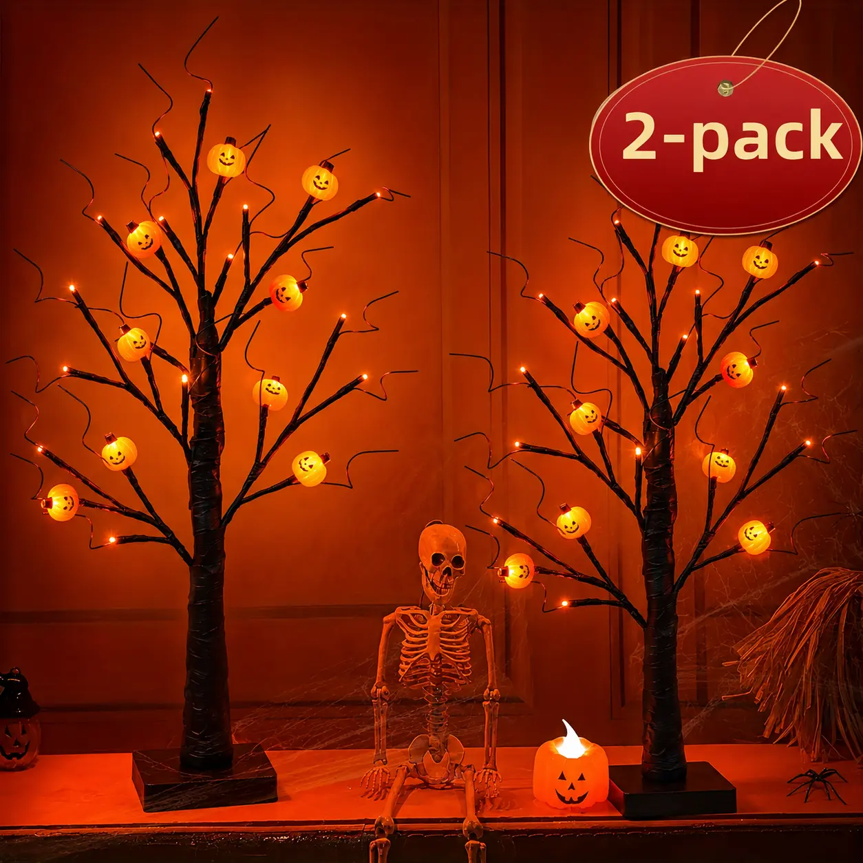 2-Piece Set, Halloween Tree Lights, 24-inch, Orange and Purple Glow, 24 LEDs, USB + Battery Powered, Halloween Decor, Suitable for Indoor Home Haunted Rooms, Fireplaces, Entryways, TV Console Decor