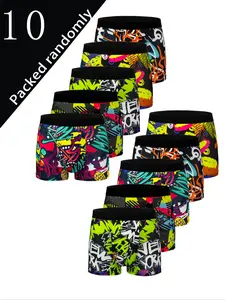 Men's Fashion Print Briefs Set of 10, Trendy Graffiti Print Underwear, Casual Daily Wear, Geometric Pattern, All Seasons, Soft Comfy Brief