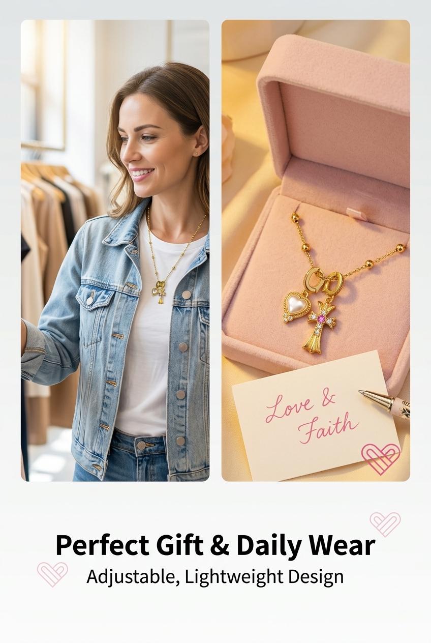 Pink Diamond Cross & Heart Shell Pendant Clavicle Necklace