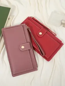 Fashionable women's long wallet, simple zipper and button multifunctional wallet, ultra-thin long wallet, wallet that can hold small phones, suitable for outdoor, travel and back to school
