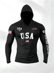 Men's Long Sleeve Hooded Drawstring T-Shirt, Usa Flag Print Design, Sporty Basic, Gym Apparel, Fitness Sport Top, All Season Activewear, Comfortable Daily Wear, Essential Wardrobe Addition