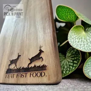 I eat fast food cutting board. Laser engraved deer hunter cutting board.