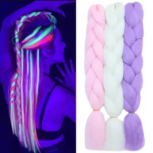 Colorful Braiding Hair 24inch Jumbo Braiding Hair Extensions for Braids 3pcs Multicolor Pre Stretched Glow in the Dark Hair (White/Pink/Purple)