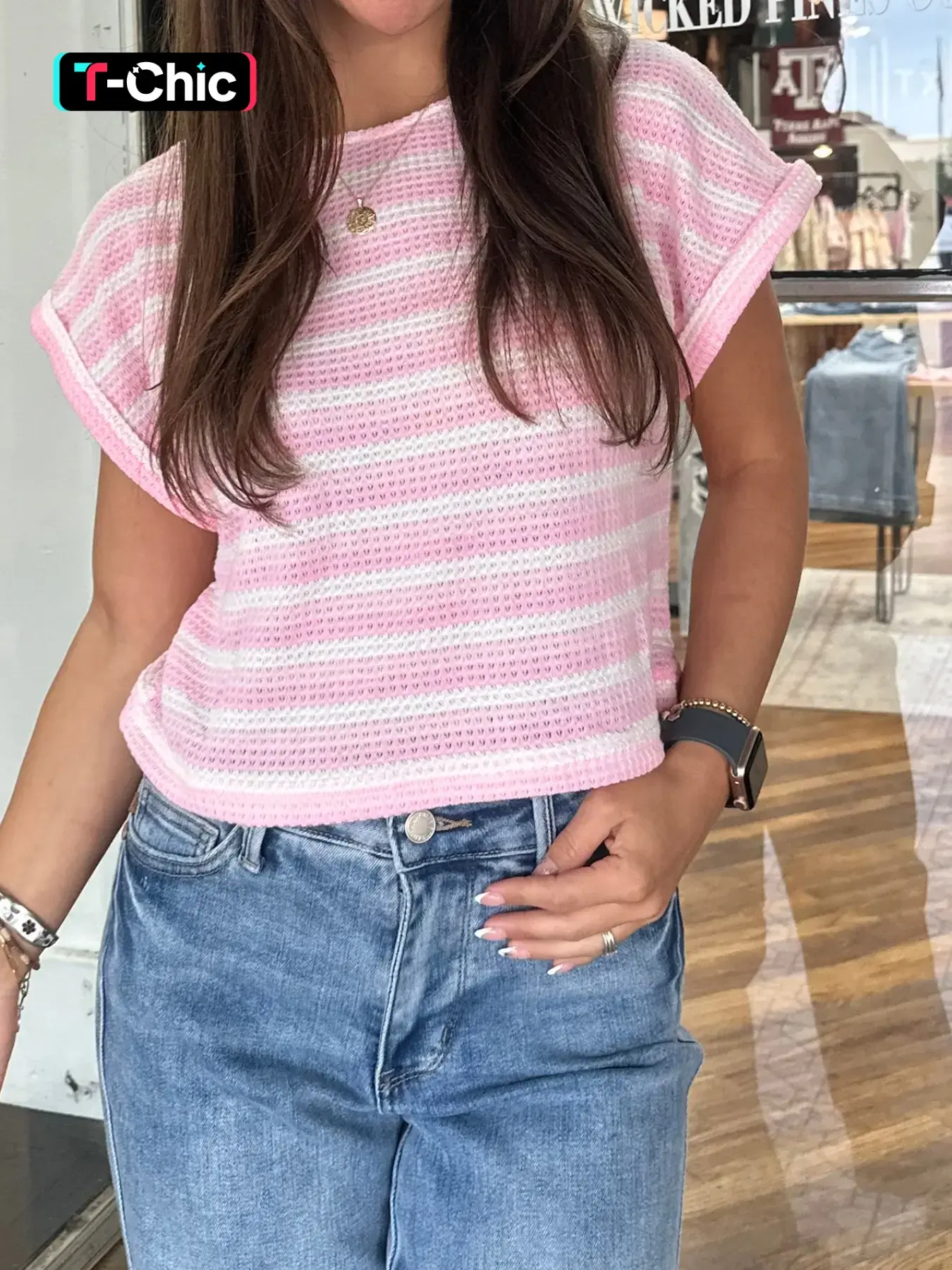 Summer Fashion Round Neck Striped Print Waffle Knit Top Lady T-Shirt, Casual Style, Comfortable Fit, Perfect for Everyday Daily Wear, Baby Pink, Casual Trendy Tee