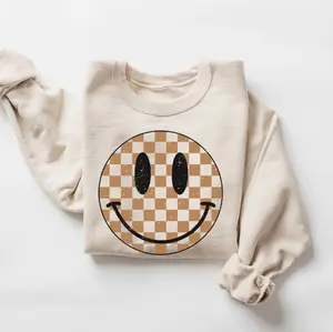 Checker Happy Face Crew Neck Sweatshirt, Retro Fall Pullover, Trendy Smile Face Sweater, Positivity Crewneck, Women Gifts