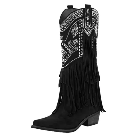 Women's Elegant Rhinestone Fringe Knee-High Western Cowboy Boots - Pointed Toe, Aztec Embroidery, Tassel Decor, Cuban Heel, Cowgirl Style, Shoes for Women for Western-Themed Outfits