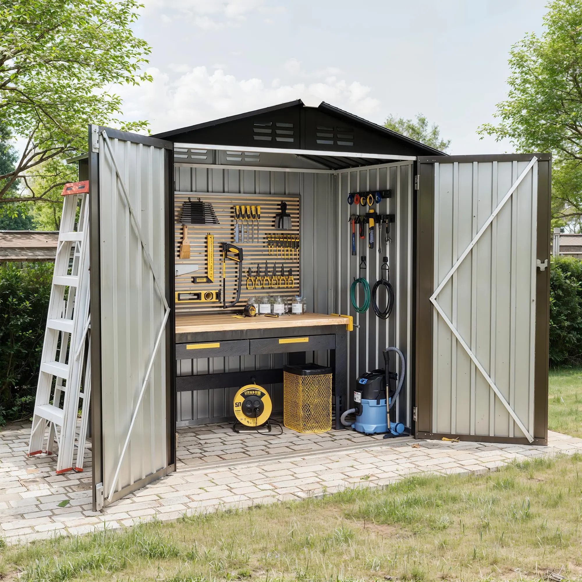 6X4 FT Outdoor Storage Shed, Galvanized Steel Outdoor Storage Shed, 130 Cu Ft Weather Resistant Garden Tool Sheds with Door & Sloped Roof,Brown