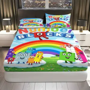 3Pcs NumberBlocks Rainbow  Fitted sheet Three Piece Set (1*Fitted Sheet+2*Pillowcases, Coreless),  theme, Educational Bedding Set, Mattress protector Soft, Breathable