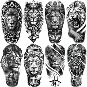 8 Real Lion Temporary Tattoos, Waterproof Lion Warrior Cross Temple Stickers, Adult Body Art Decor, Party & Festival Fashion