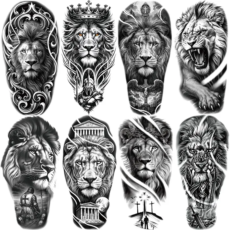 8 Real Lion Temporary Tattoos, Fake Tattoos, Diy Tattoos, Waterproof Lion Warrior Cross Temple Stickers, Adult Body Art Decor, Party & Festival Fashion, Temporary Tattoo Kit