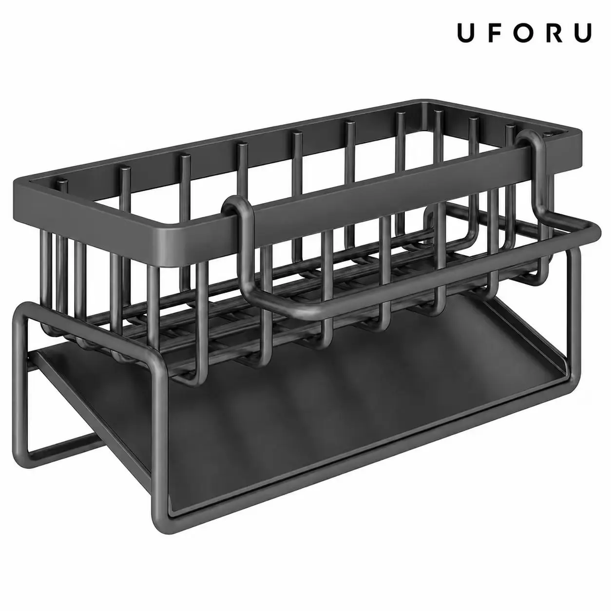 UFORU Kitchen Sink Caddy Sponge Holder, Rust-Resistant Metal Sink Organizer with Drip Tray, Brush Holder & Dishcloth Bar, Countertop Sponge Rack for Dish Soap, Scrubbers and Kitchen Cleaning Tools, Black/Gray