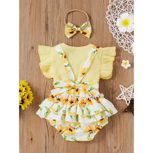 Toddler Baby Flower Printing Three-pieces Set, Infant Girl´s O-neck Flying Sleeve Tops + Suspender Shorts + Headband Set