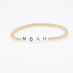 14K Gold-Filled Personalized Name Bracelet 4mm Custom Beaded Bracelet for Women, Waterproof Non-Tarnish Gold Stretch Jewelry, Trending Initial Word Gift