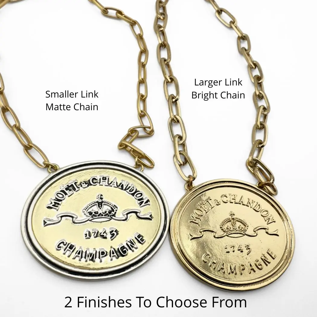Gold Plated Chain Necklace with Champagne Label Medallion, Luxury Statement Oval Pendant on a 17-Inch Paperclip Chain, Chain Jewelry Necklaces, Gold Chain Necklaces