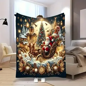 Santa Reindeer Sleigh Design Luxury Flannel Blanket, Soft Warm Plush Throw for Home Bedroom Sofa Travel, High-End Gift Idea
