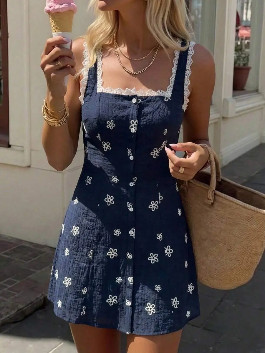 OGKN Women's Navy Blue Floral Mini Dress, Square Neck Sleeveless Lace Trim Dress, Cottagecore Style, Vacation Picnic Outfit