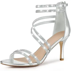BLISSFUL STEP Strappy Silver Rhinestone Straps Stiletto Heel Sandals for Women