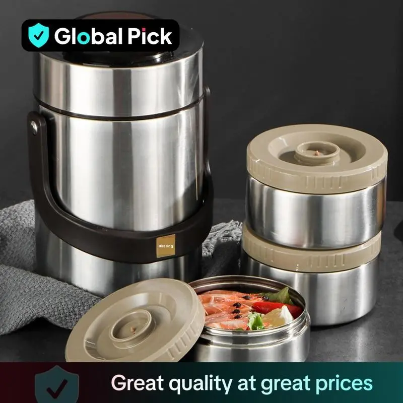 Stainless Steel Lunch Box Set, 1 Set Including 3 Counts Container & 1 Count Barrel, Portable Leak-proof Food Storage Container with Lid for Home Office School