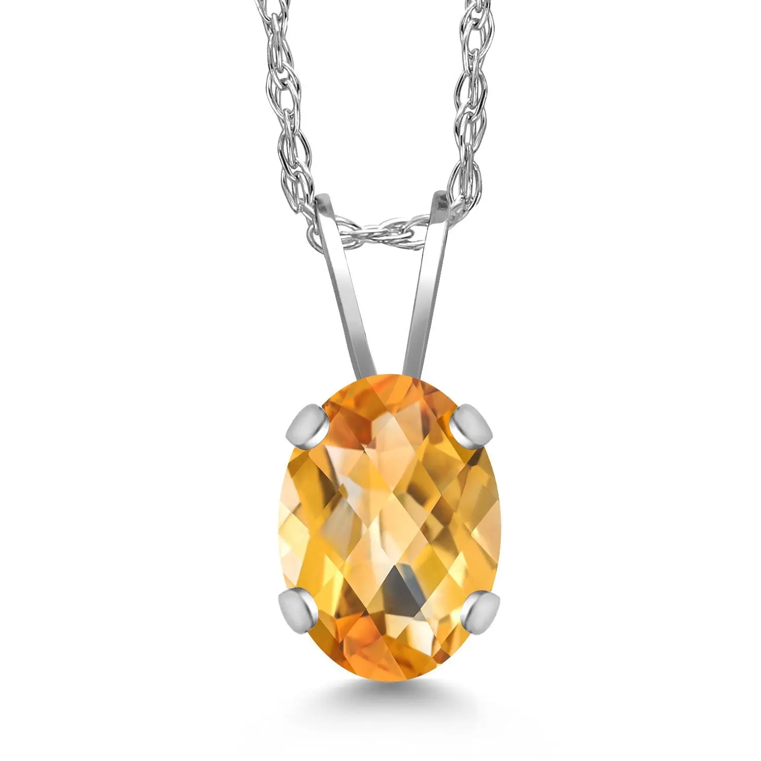 0.73 Ct Oval Checkerboard Yellow Citrine 14K White Gold Pendant with Chain