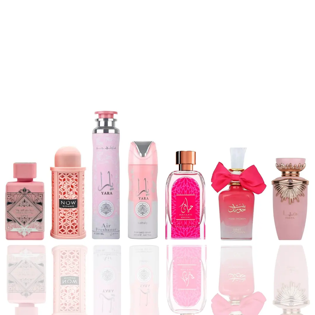 Lattafa 7-Piece Pre-Packed Bundle Unisex Fragrance Set - Arabian Perfume Oil, EDP Perfume Spray, Bade'e Al Oud Noble Blush, Now Women's, Yara Air Freshener, Yara Deodorant, Hayaati Exotic, Bint Hooran Floral Rose, Haya - Daily Wear