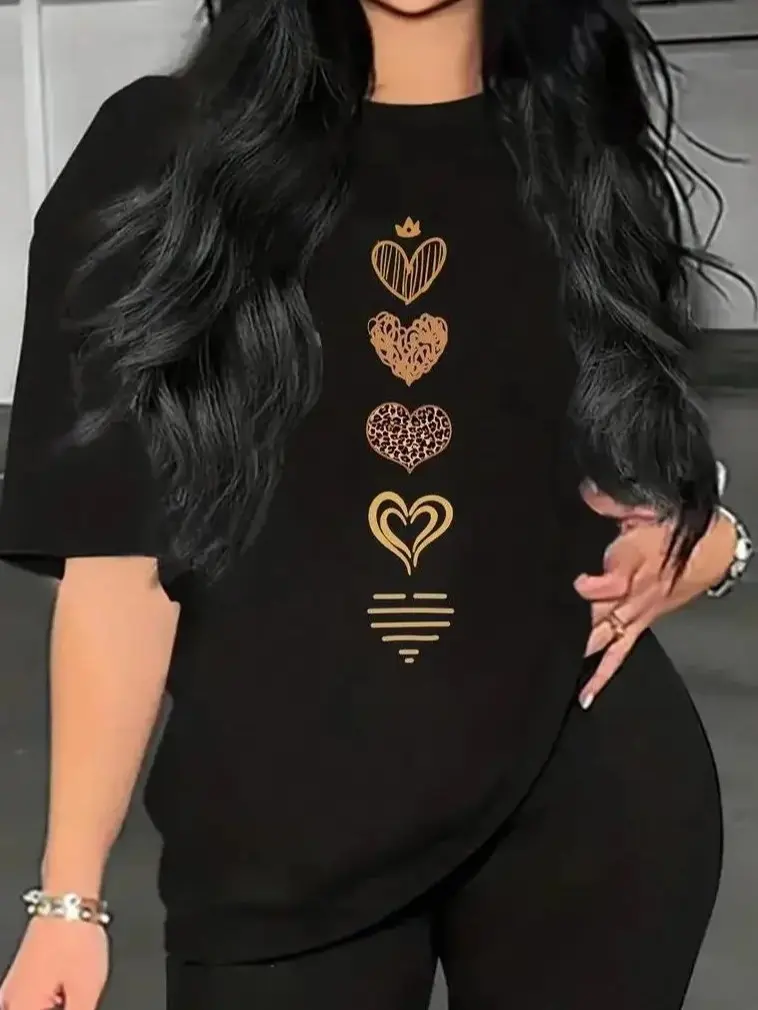 100%Cotton Women's Heart Print SS T-Shirt: Crew Neck Loose Fit, Moderate Thick Fabric, Breathable Non-Sweaty, Versatile For Commute