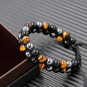 Triple Protection Natural Stone Bracelet Tigers Eye Black Obsidian & Hematite 6mm Beads Magnetic for Men Women Jewelry Mental Clarity