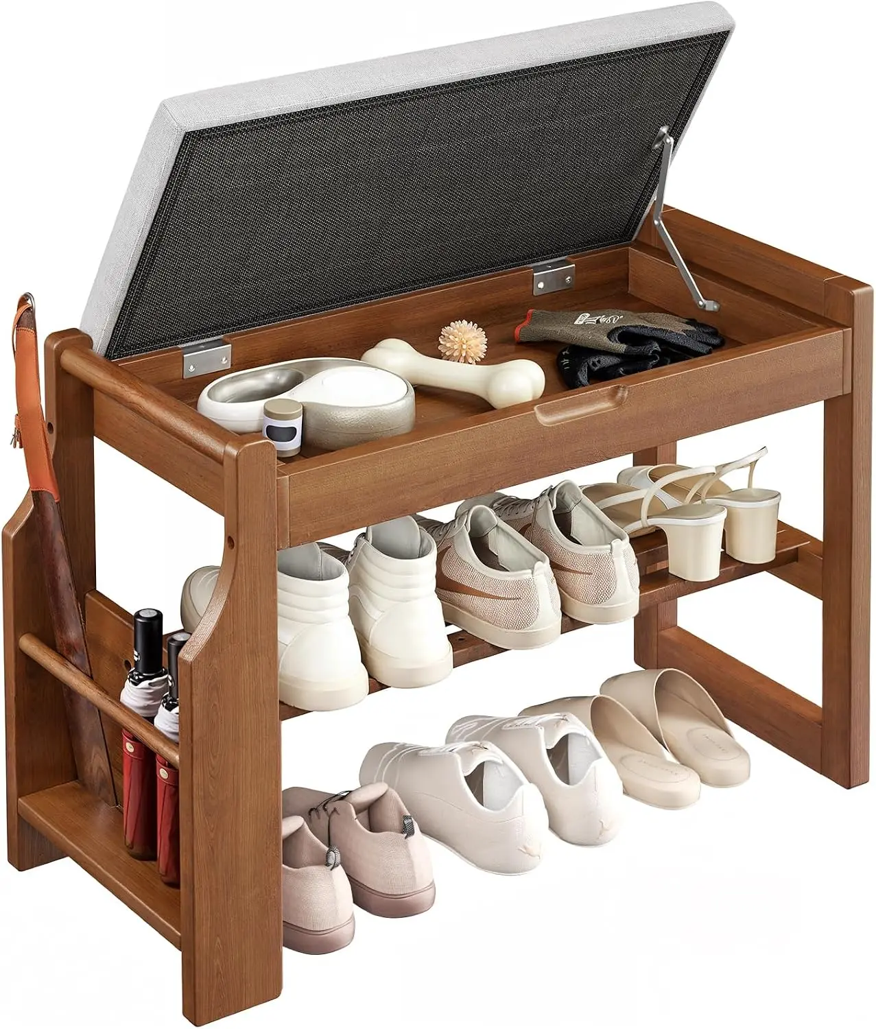 26" Pine Wood Shoe Bench Entryway with Soft Cushion and Storage| Lift-top storage, side holder, 440 lbs weight capacity, sturdy and durable, EPA & CARB-certified, holds 6 pairs, for entryway